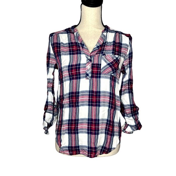 NSR Tops - NSR Blue Pink Plaid 3/4 Sleeve Partial Button Down Popover Casual Top Size S